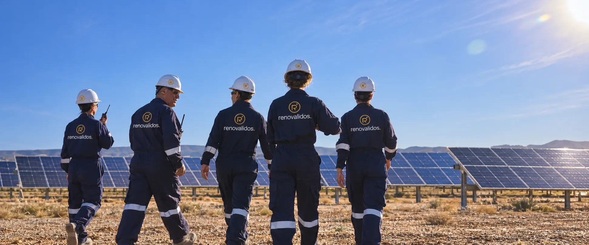 Equipo de Renovalidos caminando entre los paneles de una planta solar