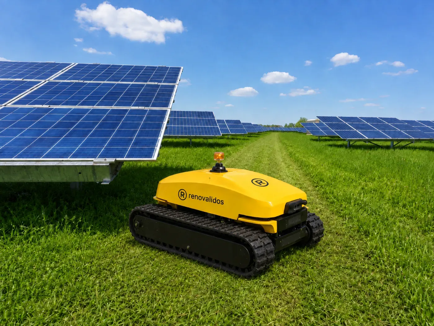 Robot autónomo de desbroce trabajando entre hileras de paneles solares
