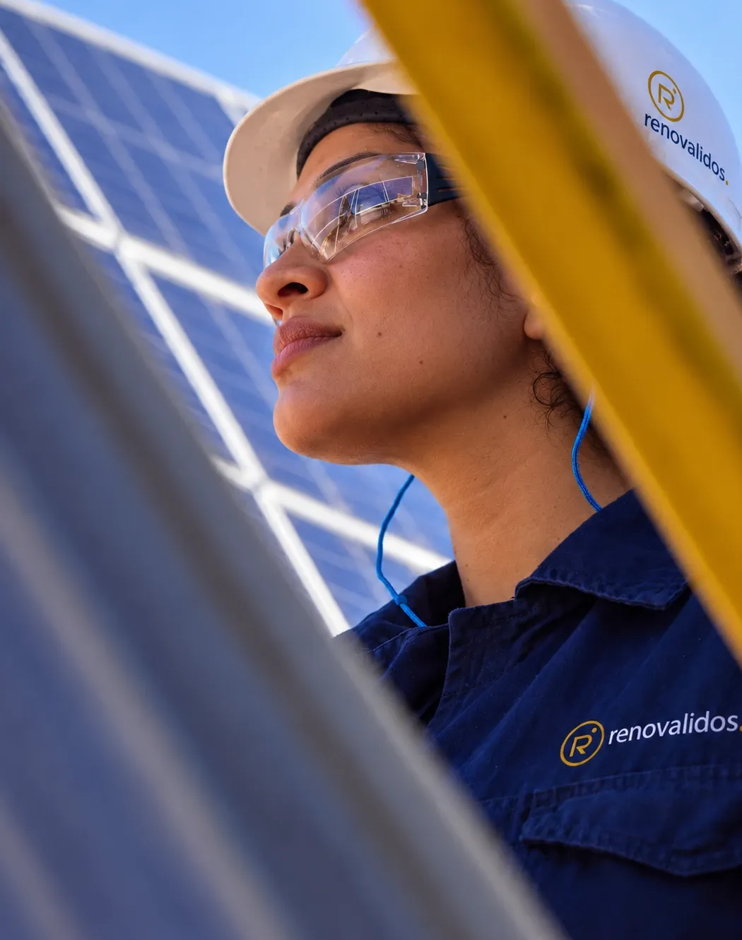 Técnica de Renovalidos con casco y gafas junto a los paneles